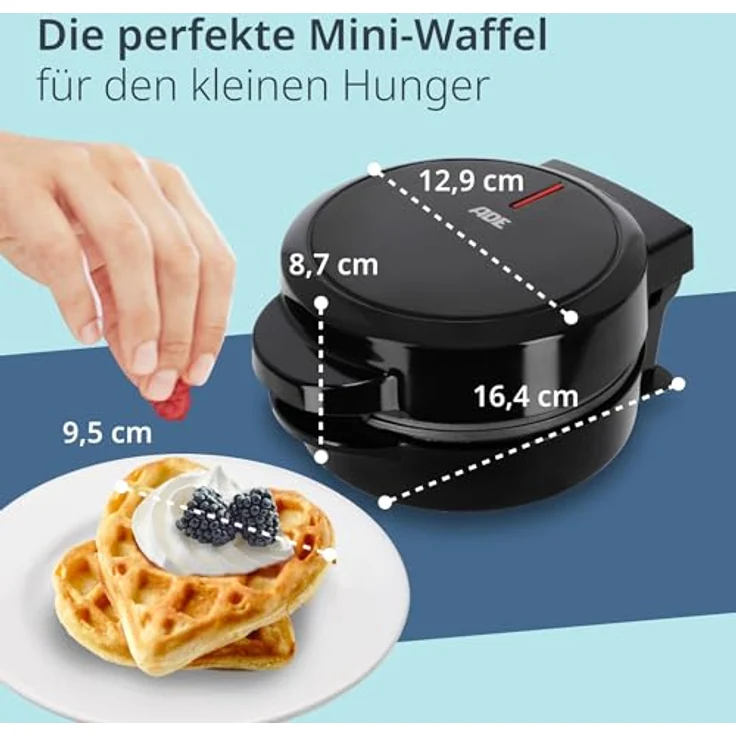 ADE Mini Waffeleisen Herzform | belgische Waffel | perfekt für eine Person, Party, Kindergeburtstag | hochwertige Antihaftbeschichtung | 550 W | schwarz - Preisvergleich – Bild 2