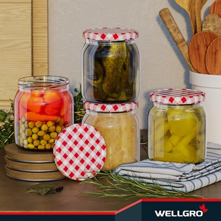 WELLGRO 50x Einmachgläser mit Schraubdeckel, 400ml, rot kariert, Made in Germany, ideal für Vorratslagerung und Meal Prep – Bild 5