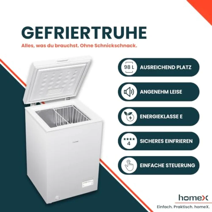 homeX FT0981-W Gefriertruhe, 98 Liter mit 4-Sterne Gefrieren, leise 38 dB, inklusive Ablagekorb – Bild 2