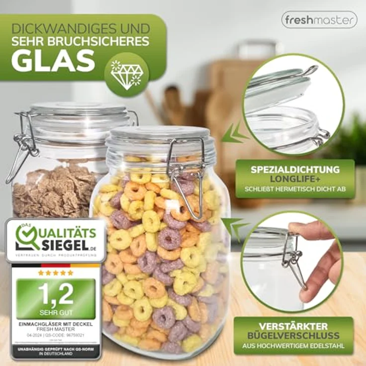Fresh Master Einmachgläser Set, bruchsicheres Glas mit Edelstahl Bügelverschluss und Spezialdichtung, 6 x 1500ml – Bild 2