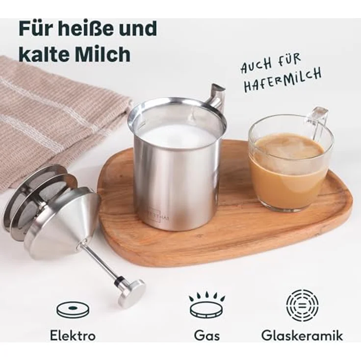 SILBERTHAL Milchaufschäumer Manuell Edelstahl - 400ml - Perfekter Milchschaum dank doppeltem Sieb und speziellem Drückmechanismus - Preisvergleich – Bild 4