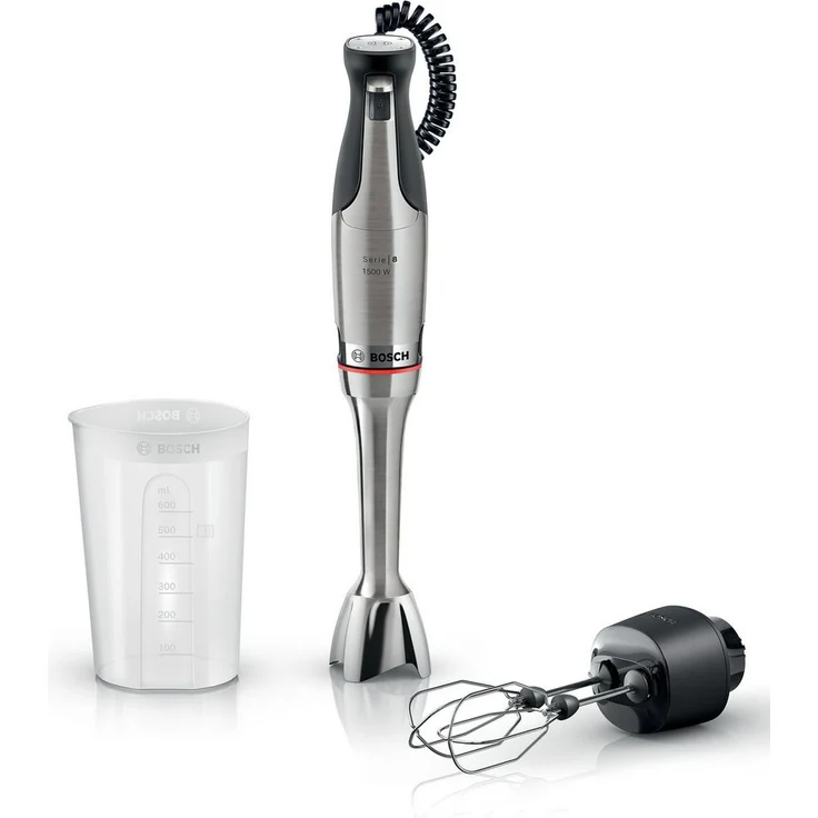 BOSCH Stabmixer ErgoMaster Serie 8, MSM8M914, 1500 W, Edelstahl, mit Doppelschneebesen und Spiralkabel, luftgekühlter Motor, 6 Klingen