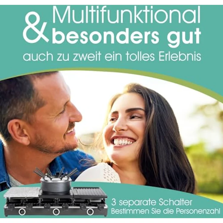 bmf-versand LUTEO® Raclette mit Fondue für 12 Personen, elektrischer Tischgrill mit abnehmbarer Steinplatte und Mini Crepes Maker, 1650 Watt, schwarz, antihaftbeschichtet – Bild 3