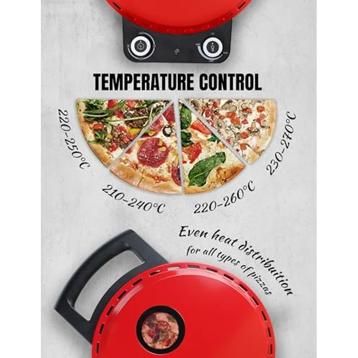 Bestron Pizzaofen APZ500R für knusprige Pizzen in 5-10 Minuten, elektrischer Pizzaofen mit bis zu echten 320°C Höchsttemperatur, inkl. Schamottstein & 2 große Holzspatel, Viva Italia, Rot – Bild 4