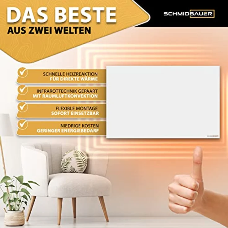 Schmidbauer Infrarotheizung Hybrid 300 Watt - Ein/Aus-schalter - Infrarottechnik mit Raumluft-Konvektion - Elektroheizung - Direktheizung, Silber – Bild 2