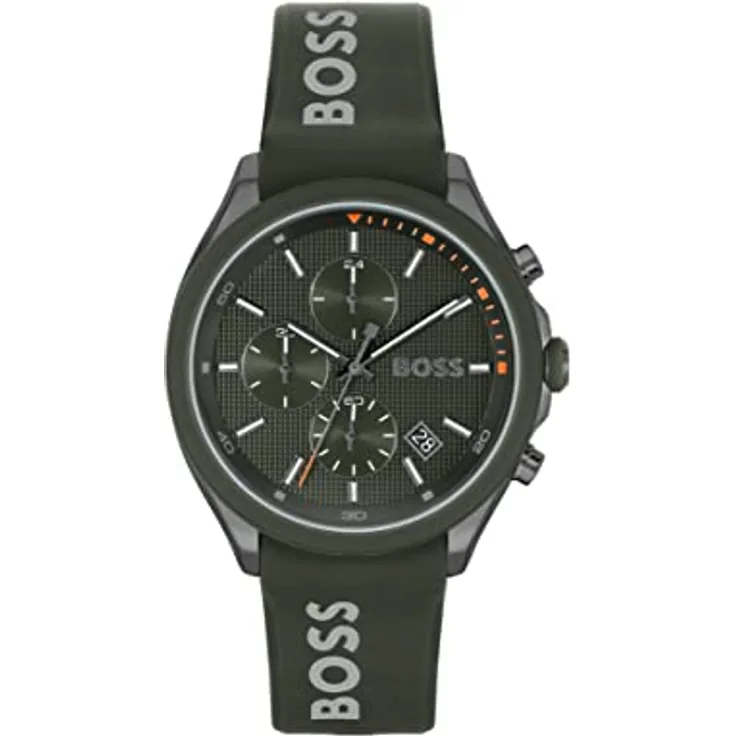 BOSS Chronograph Quarz Uhr für Herren, olivengrünes Zifferblatt und Silikonarmband, wasserabweisend bis 5 bar, 44 mm Gehäuse