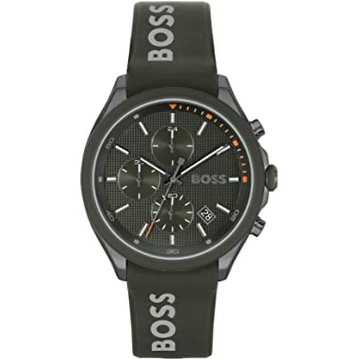 BOSS Chronograph Quarz Uhr für Herren, olivengrünes Zifferblatt und Silikonarmband, wasserabweisend bis 5 bar, 44 mm Gehäuse – Bild 1