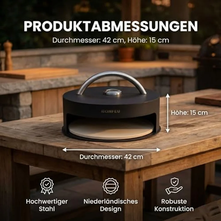 BonFeu BonPizza Pizzaofen Schwarz, Outdoor Holzofen mit Pizzastein 34 x 34 cm und leichtem Deckel – Bild 3