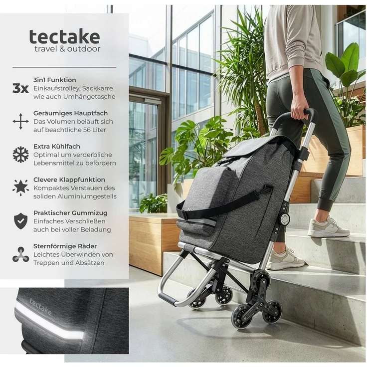 tectake Einkaufstrolley Shopper, 3-in-1 mit 56 l Volumen, inkl. Kühlfach und verstellbarem Griff