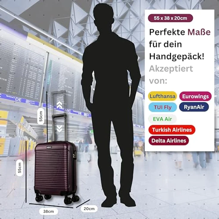 NOWI Las Palmas Koffer Klein, leichter Hartschalenkoffer mit 360° Rollen, Kofferwaage und Kofferband, 34L, 55x40x20cm, metallic lila, passend für Ryanair und Lufthansa – Bild 3