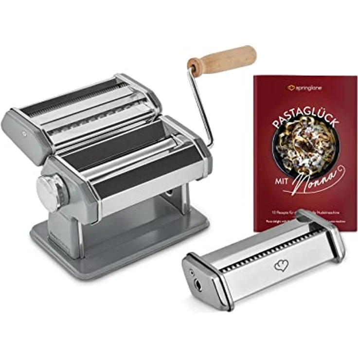 Springlane Nudelmaschine Nonna, Manuelle Nudelmaschine aus Edelstahl mit Linguine Aufsatz, Rezeptbuch, Nudeltrockner & 3 Schneideaufsätzen, 9 Teigdicke-Stufen – Bild 1