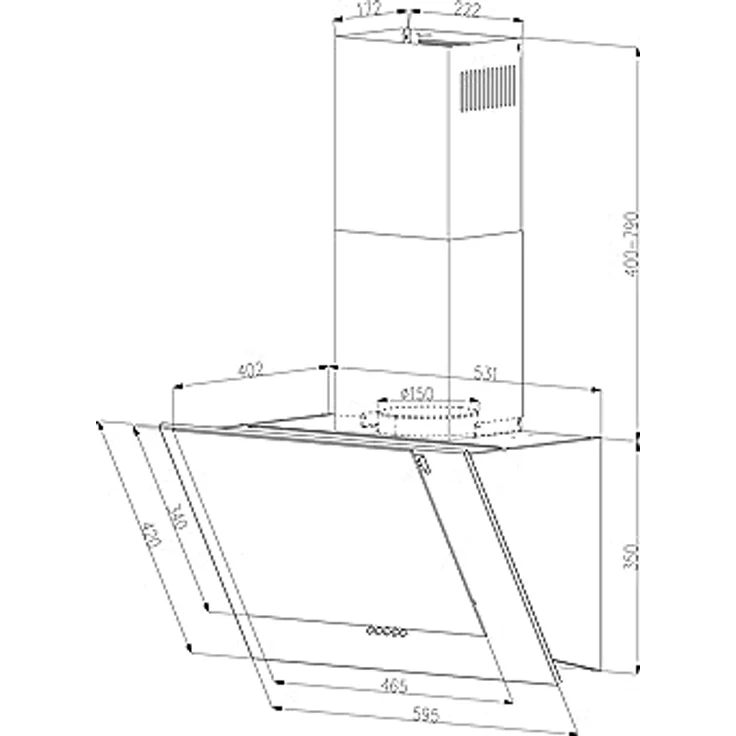 YUNA Dunstabzugshaube JULINA, 60 cm, kopffreie Schräghaube, Abluft/Umluft, 3 Leistungsstufen, schwarze Glas- und Edelstahlfront, 594 m³/h Luftstrom, wandmontierbar – Bild 2