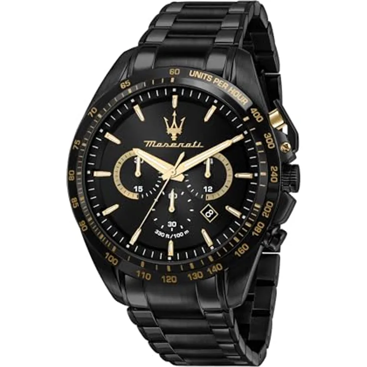 Maserati Traguardo Herrenuhr Limited Edition, Chronograph mit schwarzem Stahlarmband und goldenen Details, Quarzwerk - R8873612051