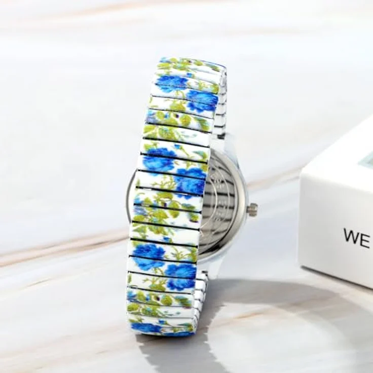 JewelryWe Boho Damen Analog Quarz Armbanduhr, Blau Blumen Floral Druck, Elastisches Edelstahl Stretch-Armband, Große Zahlen, Verstellbar – Bild 3