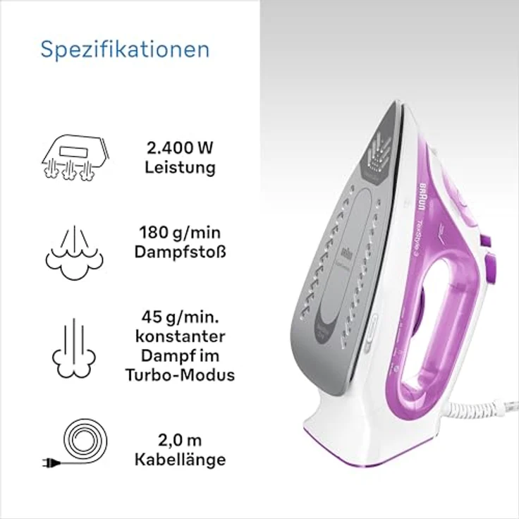 Braun TexStyle 3 Dampfbügeleisen SI 3030 PU | 2.300 Watt | Dampfstoß 140g-min | 270 ml Wassertank – Bild 4