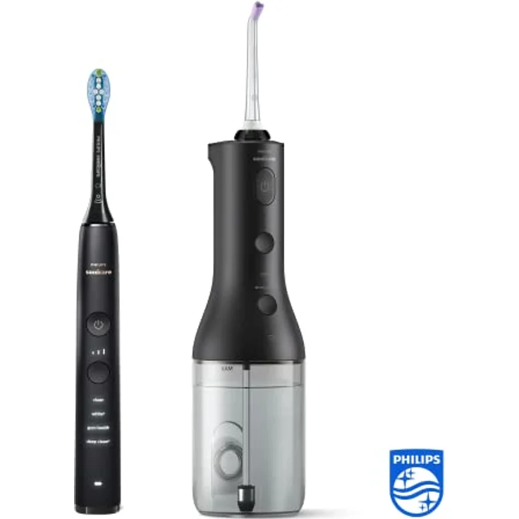 Philips Sonicare kabellose Power Flosser Munddusche und DiamondClean 9000 elektrische Zahnbürste – Saubere Zähne, sauberes Zahnfleisch und Plaque-Entfernung, Schwarz (Modell HX3866/43), 5-teiliges Set – Bild 2