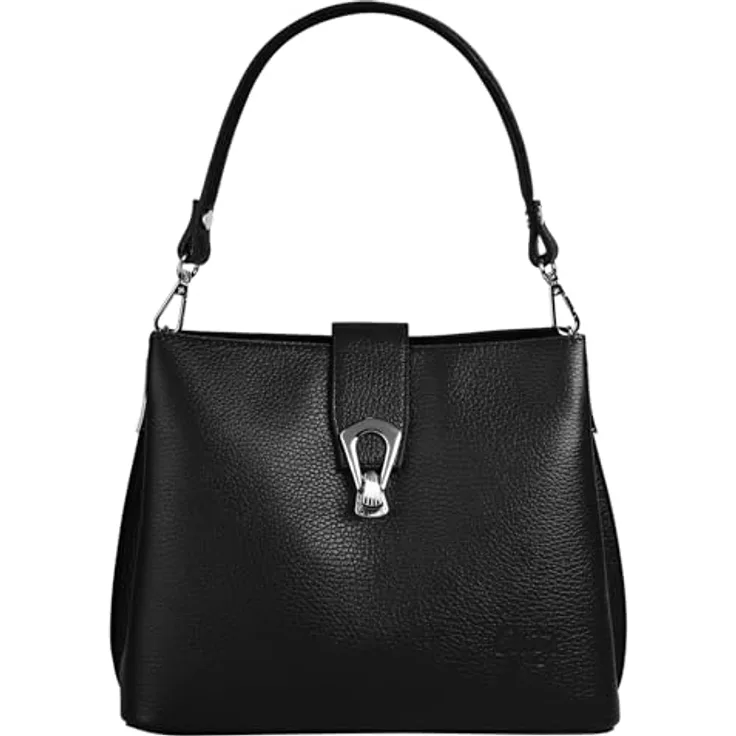 Cluty Umhängetasche, echt Leder, Made in Italy, schwarz, 21 cm x 25 cm x 13 cm, abnehmbarer Schultergurt