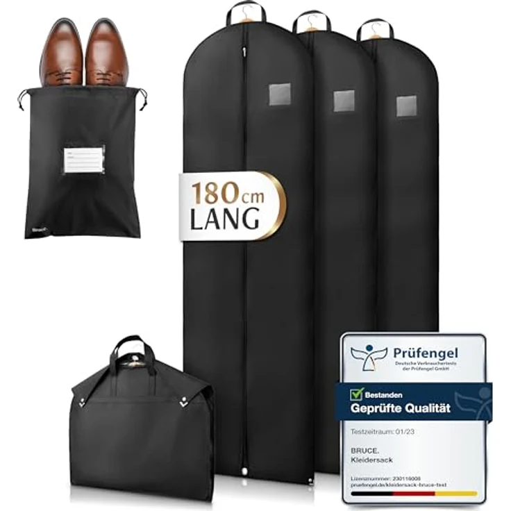 Bruce.® 3x Kleidersack Lang 180x60 cm, mottensichere Aufbewahrung mit Schuhbeutel – Schwarz – Bild 1