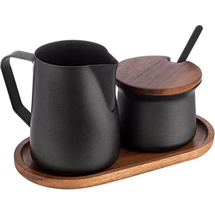 APS 634 Milch- und Zucker-Set, 5-tlg. Set, Akazienholz, Edelstahl PTFE beschichtet, schwarz – Bild 1