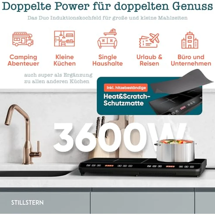 Stillstern Doppel-Induktionskochplatte ChefKoch Xtreme Duo 3600W, 24h Timer, Lautlos-Funktion, Glaskeramik – Bild 4