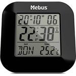 Mebus digitaler Funkwecker Modell 51510, mit Thermometer, Datumsanzeige und Snooze-Funktion, Schwarz, 8 x 8,5 x 1,8 cm