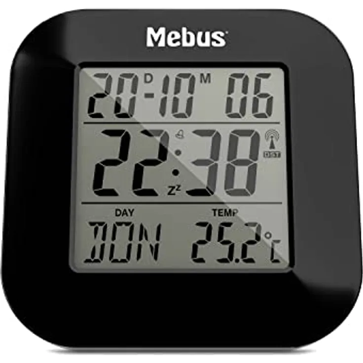 Mebus digitaler Funkwecker Modell 51510, mit Thermometer, Datumsanzeige und Snooze-Funktion, Schwarz, 8 x 8,5 x 1,8 cm