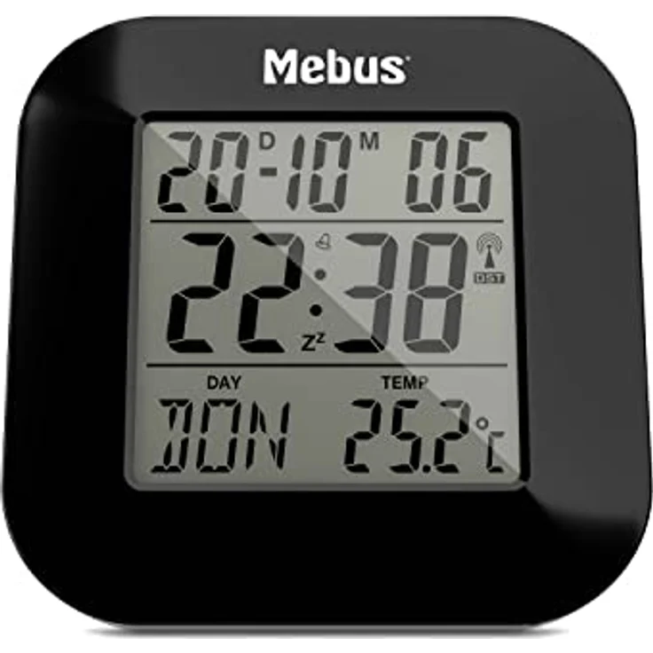 Mebus digitaler Funkwecker Modell 51510, mit Thermometer, Datumsanzeige und Snooze-Funktion, Schwarz, 8 x 8,5 x 1,8 cm – Bild 1
