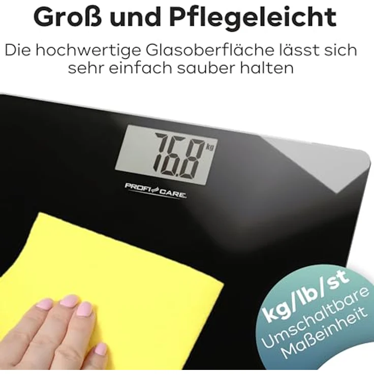 ProfiCare® Waage Personen mit Glasoberfläche | Körperwaage mit Messbereich 5-180 kg & großem LCD-Display | Personenwaage mit Step-On-Automatik | Waage Personenwaage digital | PC-PW 3122 schwarz – Bild 5