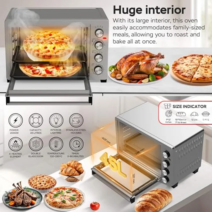 TurboTronic Elektrobackofen 45L, Edelstahl Tischbackofen mit Umluft, Grill & Drehspieß, Timer & Doppelglastür für Pizza, Braten & Aufläufe – Bild 3