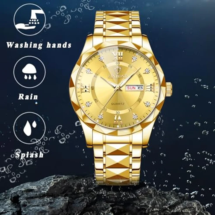 JewelryWe Herrenuhr Gold Edelstahlarmband, 30m wasserdicht, Kalender, Analog Quarz mit römischen Ziffern und leuchtenden Zeigern – Bild 4