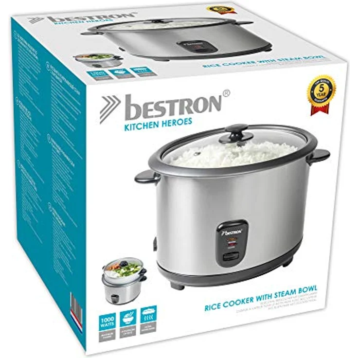 Bestron Großer Reiskocher mit Dampfgar-Aufsatz und Warmhalte-Funktion, 2,8 Liter, 1000 Watt, Edelstahl – Bild 8