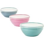 Schüssel mit Deckel 1l, 3er Rührschüssel set, Salatschüssel mit Deckel, Schüssel set aus BPA-frei Kunststoff (PP), Farbe: hell grau, pastell rosa, pastell grün, Transparent Deckel, Made in EU