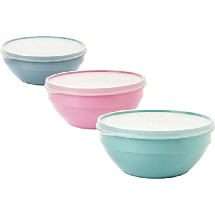 2friends Schüssel Modell Pastel, 3er Set Rührschüsseln mit Deckel 1L, BPA-frei, hellgrau, pastellrosa, pastellgrün, transparent – Bild 1