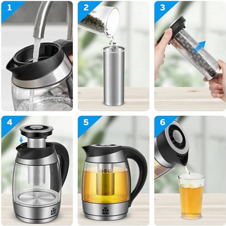 FOR ME Glas Elektrischer Wasserkocher mit Teesieb 1,8L, Temperaturwahl 40-100°C, LED-Beleuchtung in 5 Farben, Warmhaltefunktion, BPA-frei – Bild 3