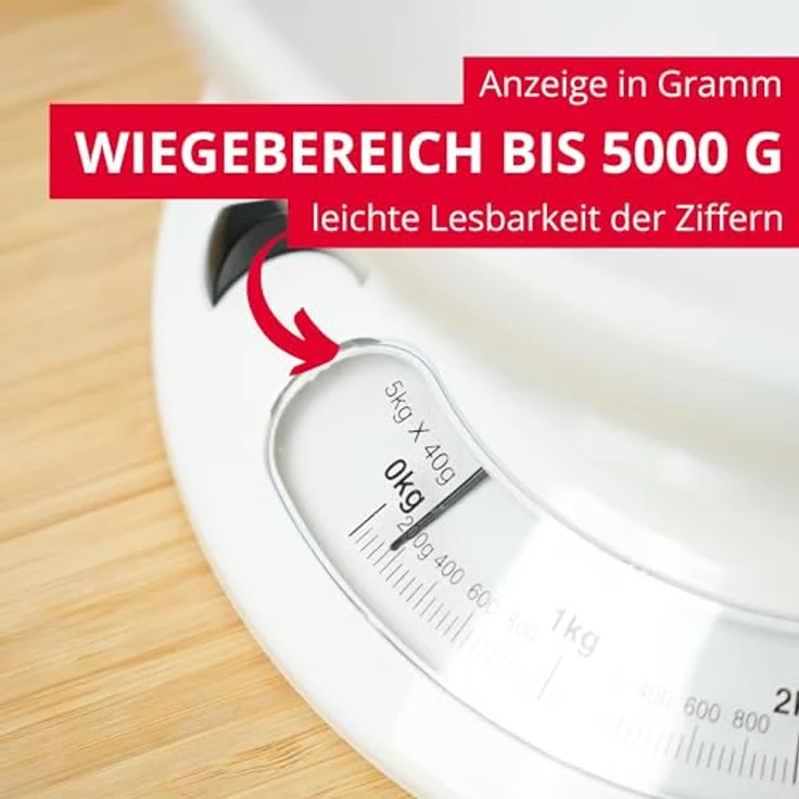 Westmark Küchenwaage mit Rührschüssel, mechanische Waage bis 5 kg mit 2,3 l Schüssel, weiß, platzsparend und ohne Batterien – Bild 3