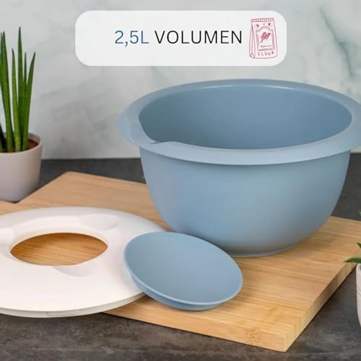 Westmark Rühr-/Backschüssel mit zweigeteiltem Deckel, 2,5 l, Mit Ausgießer, Kunststoff, Blau/Weiß – Bild 5