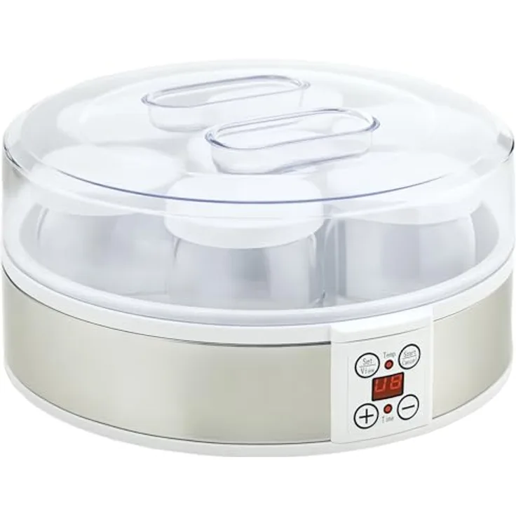 HOMCOM Joghurtbereiter, Joghurtmaschine mit Timer und Temperatur-Einstellung, 7 Glasbehälter je 180 ml, automatische Abschaltung, 20 W, Weiß