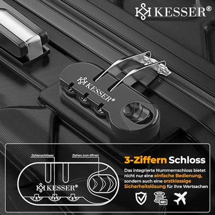 KESSER® Reisekoffer Set 4-teilig, ABS Hartschalenkoffer mit Zahlenschloss, Kofferwaage & Reisebrieftasche, 360° Rollen, Schwarz – Bild 3