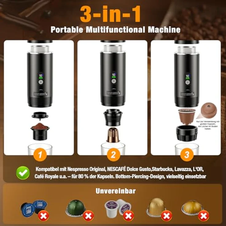 FNITAER Mini Kaffeemaschine für unterwegs, 3 in 1 Akku Espressomaschine mit USB, kompatibel mit Kapsel und gemahlenem Kaffee, 150 ml Tassenkapazität, für Wohnmobile und Camping – Bild 3