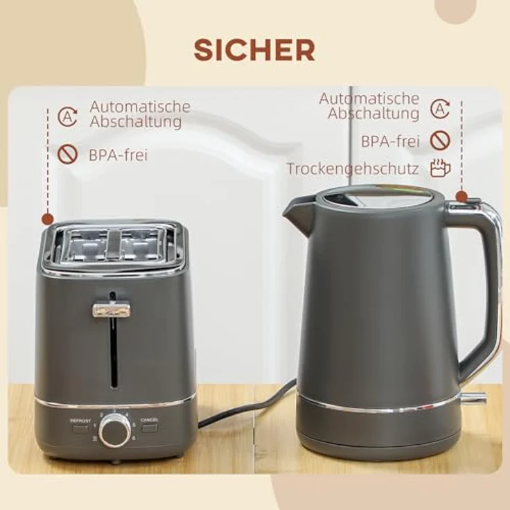 HOMCOM Toaster Set, 1,7 L Wasserkocher und Toaster mit 2 Schlitzen, 2200 W, 6 Bräunungsstufen, grau und chrom – Bild 6