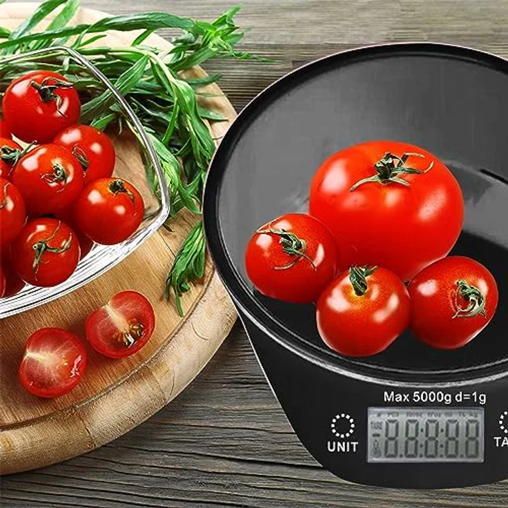 Retoo Küchenwaage mit Schüssel, bis 5 kg, Kochwaage mit abnehmbarer Schüssel zum Backen und Kochen, LCD-Display, Digitale Waage, Haushaltswaage mit großer Rührschüssel, Wiegeschsse Schwarz – Bild 3