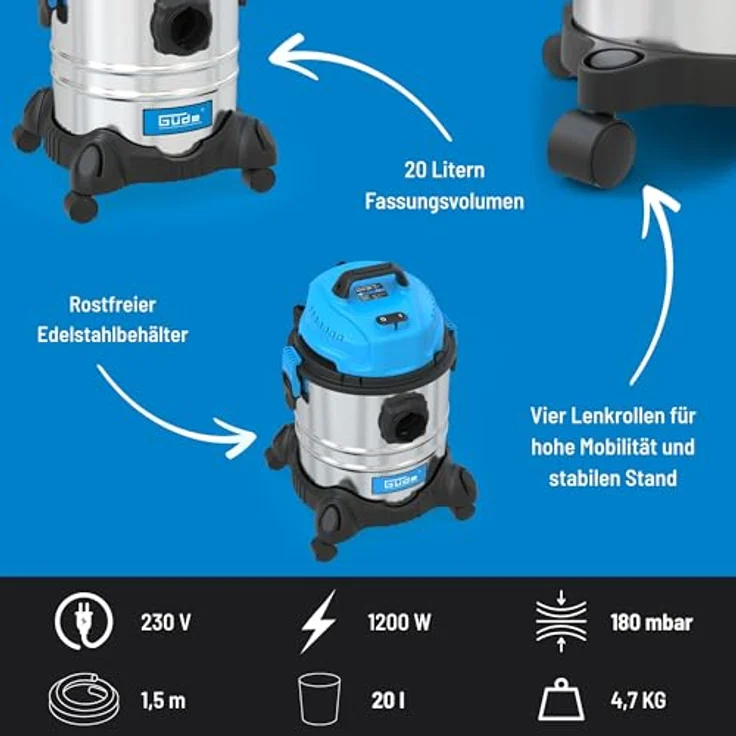 Güde 17001 20 L NASS-TROCKENSAUGER GNTS 20L, Blau, Silver Beutel 20 Liter – Bild 4