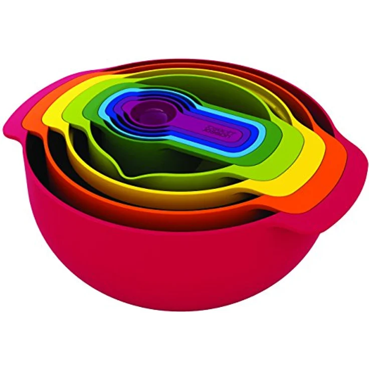 Joseph Joseph Nest 9 Plus, 9-teiliges kompaktes Lebensmittelzubereitungsset mit Sieb und Rührschüsseln, platzsparend - Rot, 28.5 x 28.5 x 14.5 cm – Bild 1