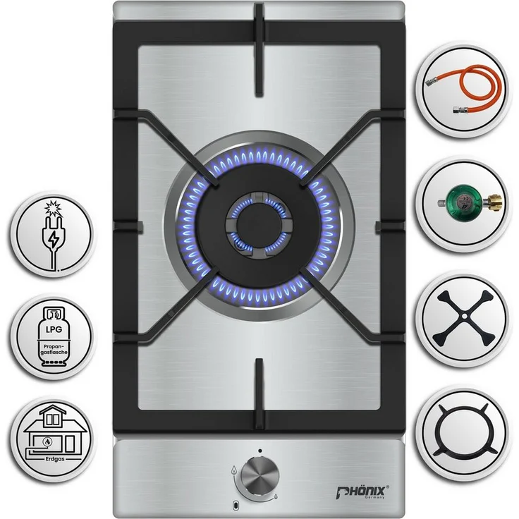 Phönix Germany Gas-Kochfeld 301-SL, Gaskocher 1 flammig mit Zündsicherung, Propan- / Erdgas, H-Gas, Edelstahl