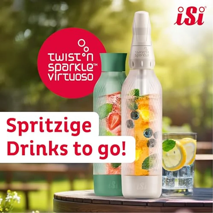 iSi Twist'n Sparkle Virtuoso Wassersprudler 0.95L – Soda Maker für Sprudelwasser, Säfte & Cocktails mit rutschfester Silikon Hülle – platzsparendes Design, Made in Austria – Bild 2