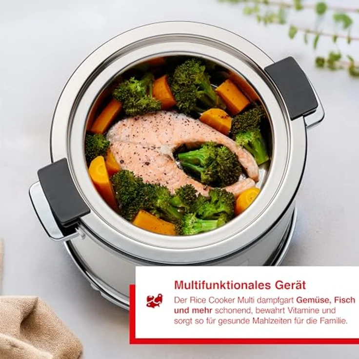 Solis Rice Cooker Multi – Reiskocher mit Dampfgarfunktion, Warmhalte- & Aufwärmfunktion – 6 Tassen Kapazität, PFAS-freie Antihaftbeschichtung, Edelstahlgehäuse, Glasdeckel, 650W – Bild 2