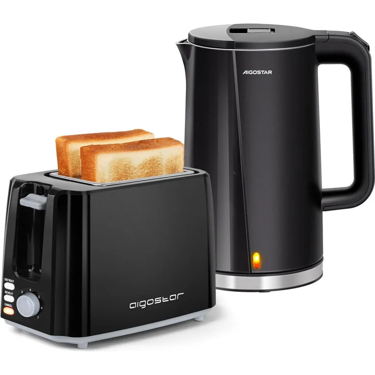 Aigostar Frühstücks-Set, Edelstahl 1,7L Wasserkocher mit doppelter Wand + 2-Scheiben Toaster mit 7 Bräunungsstufen