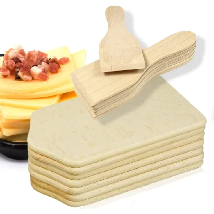 Smart-Planet Raclette Spachtel Set mit Brettchen hitzebeständig für beschichtete Pfännchen - 8x Racletteschaber - 8x Untersetzer Brettchen - Racletteset aus Buchenholz