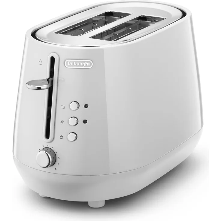De'Longhi Eclectica CTY2103.W, Toaster mit breiten Schlitzen, fortschrittlichen Bräunungskontrollen und entnehmbarer Krümelschublade, weiß