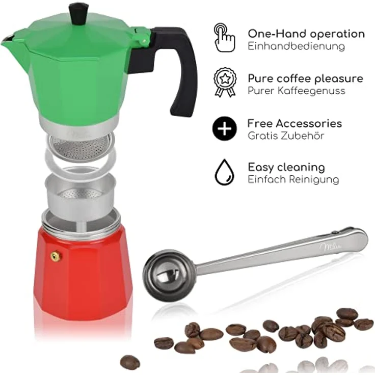 Milu Espressokocher (No Induktion) | 2, 3, 6, 9 Tassen | Aluminium Mokkakanne, Espressokanne, Espresso Maker Set inkl. Untersetzer, Löffel, Bürste (Italia, 6 Tassen (300ml) – Bild 2
